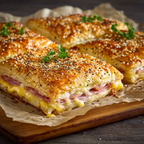 A slice of ham and cheese sandwich.