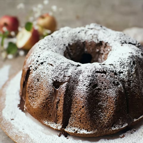 A cake with powdered sugar and apples.