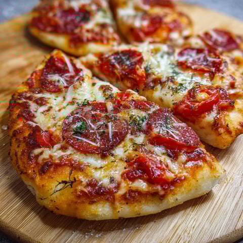 A slice of pizza on a wooden board.