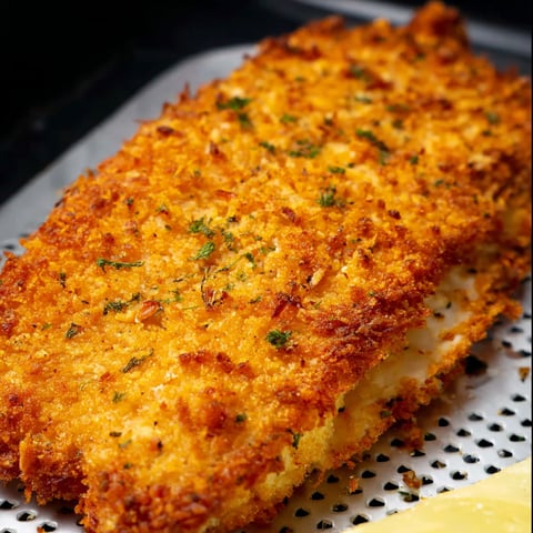 A piece of breaded meat on a wire rack.