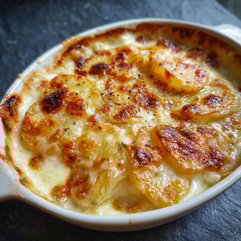 A bowl of food with the word gratin on it.