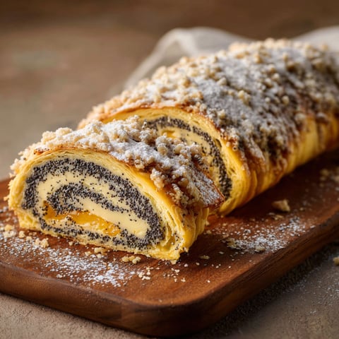 A Mohnstriezel is on a wooden board.