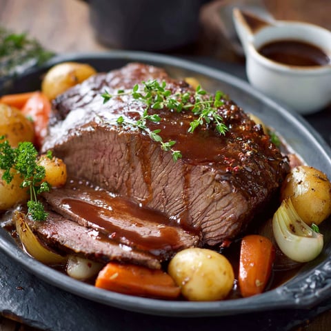 A roast beef dinner with potatoes and carrots.