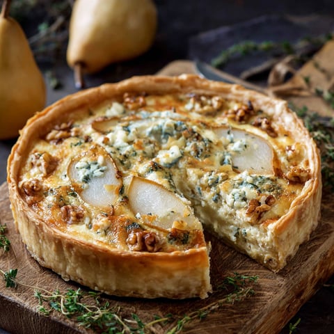 A slice of quiche with pears and gorgonzola cheese.
