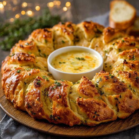 A plate of bread with a bowl of dip.