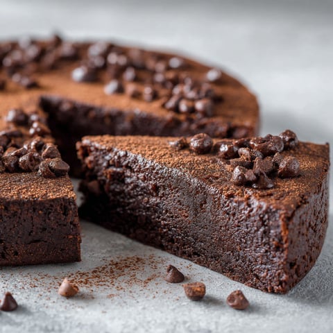 A slice of chocolate cake with chocolate chips.