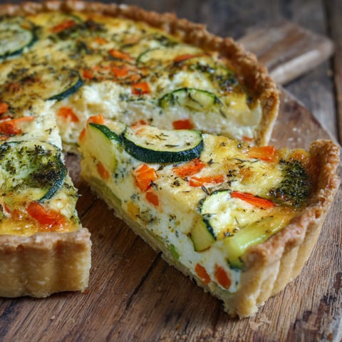 A slice of a quiche with vegetables and cheese.