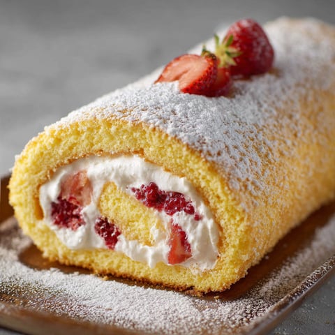 A gluten-free cake roll with strawberries and whipped cream.