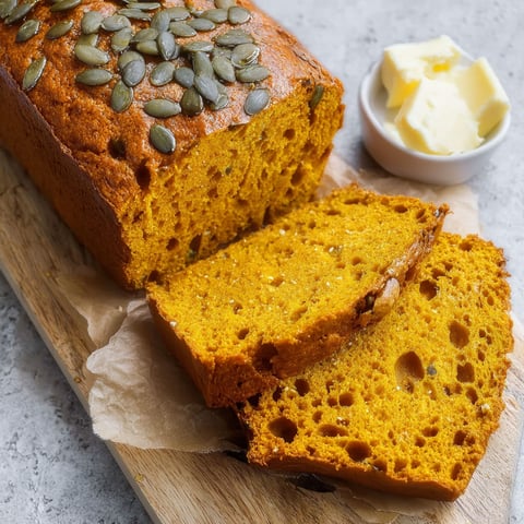 A slice of Kürbisbrot on a wooden board.