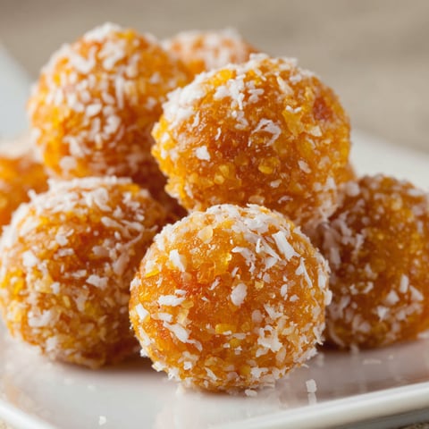 A plate of orange balls with sugar on top.
