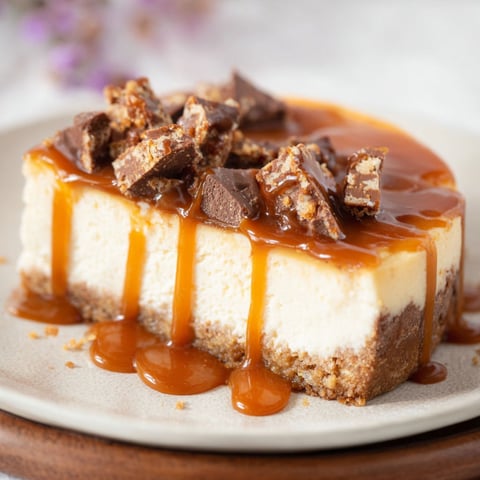 A slice of Karamell-Cheesecake with drizzled caramel sauce.