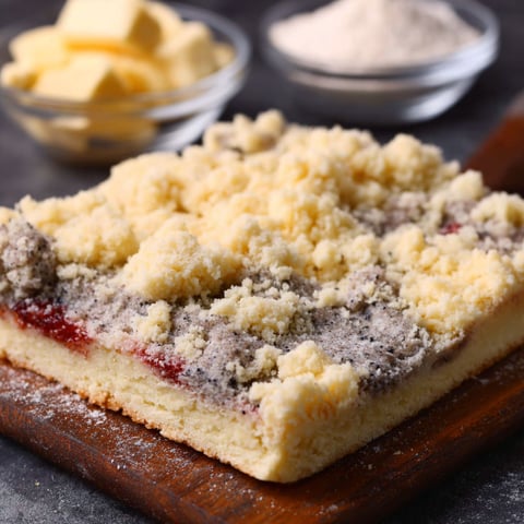 A plate of Kleckselkuchen with powdered sugar on top.