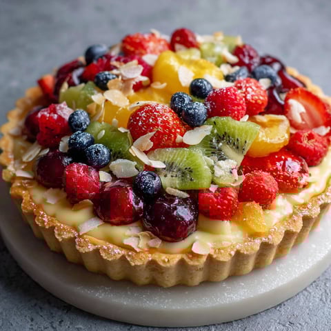 A fruit tart with a variety of fruits.