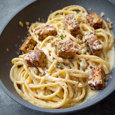 A bowl of pasta with tofu and cheese.