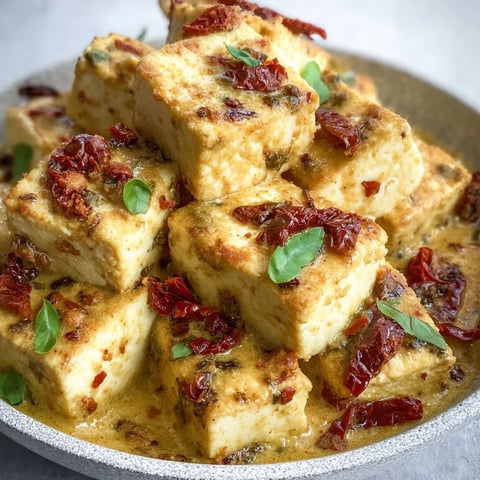 A plate of tofu with red sauce.