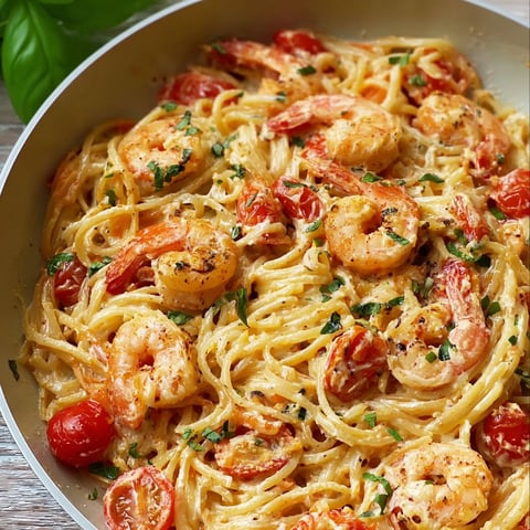 A bowl of spaghetti with shrimp and tomatoes.