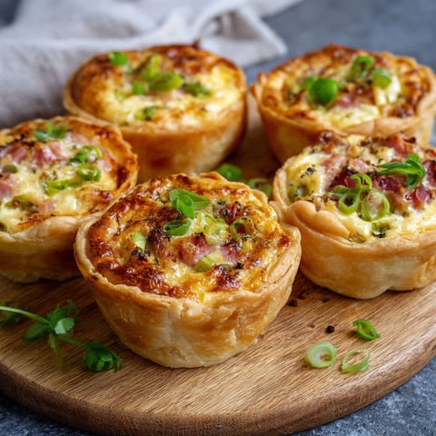 Four quiches in a wooden tray.