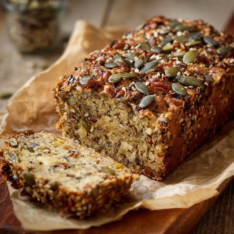 A loaf of low carb bread with seeds on top.