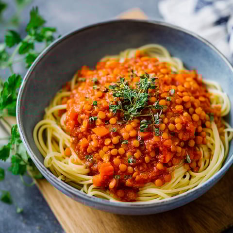 A bowl of pasta with red lentils.