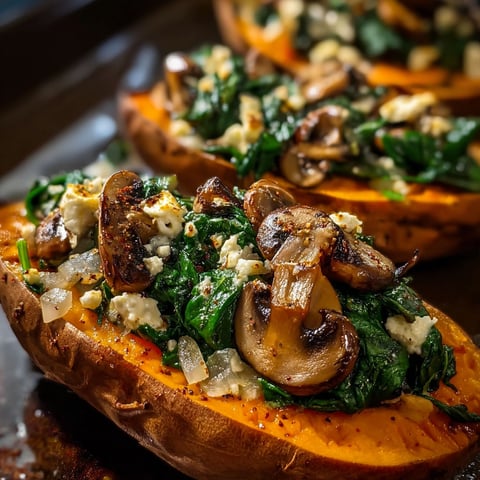 A dish of mushrooms and spinach on a baked sweet potato.