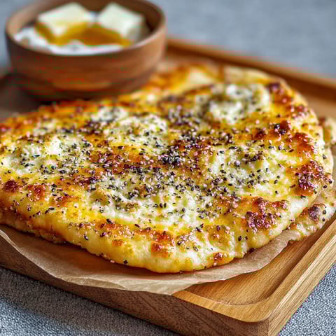 A slice of keto huttenkäse fladenbrot with a bowl of butter on the side.