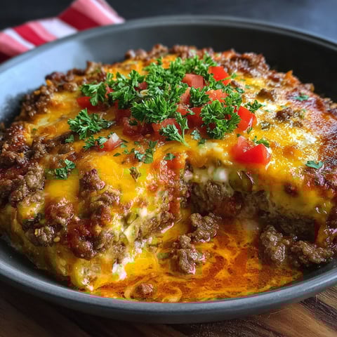 A close up of a delicious low carb cheeseburger auflauf.