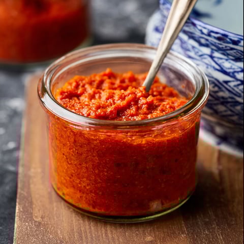 A glass jar of red sauce.