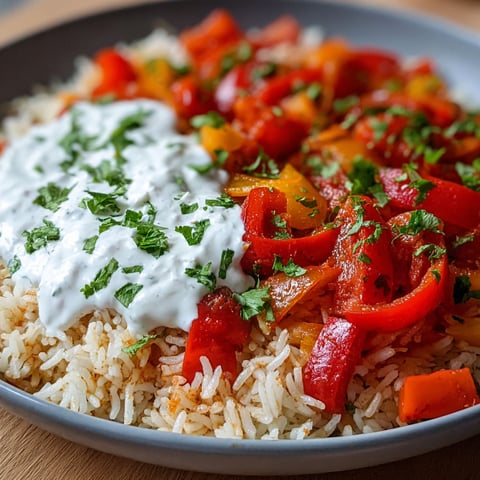 A bowl of rice with peppers and a dollop of sour cream.