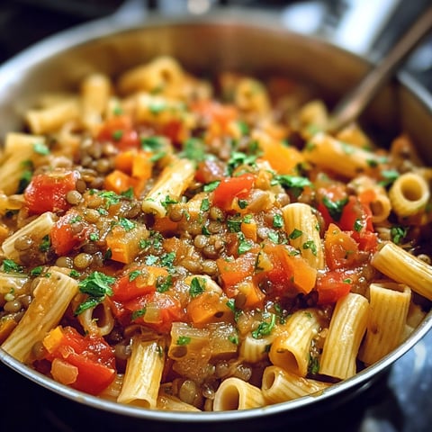 A bowl of pasta with tomatoes and lentils.