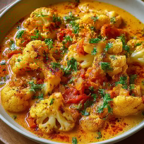 A bowl of cauliflower in a curry.