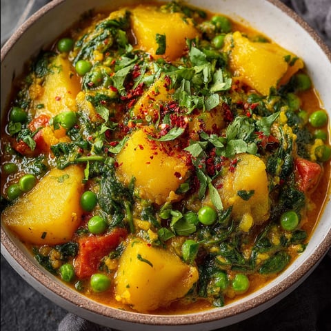 A bowl of vegetable soup with peas, potatoes, and spinach.