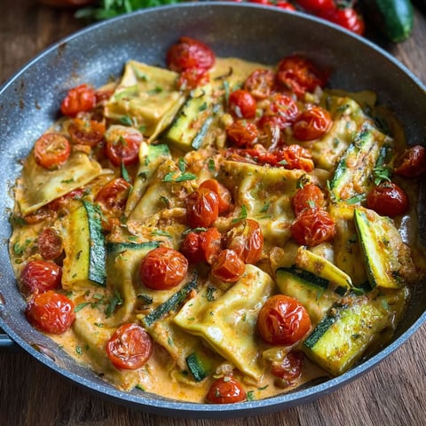 A pan of food with tomatoes and zucchini.