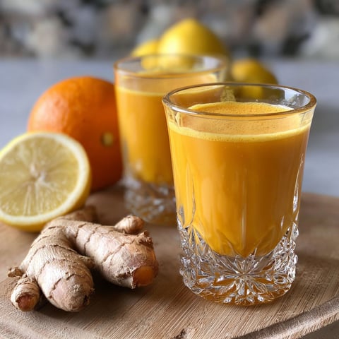 A glass of orange juice and a glass of ginger juice.