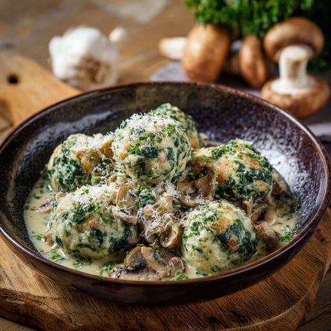 A bowl of spinach balls in a cream sauce.