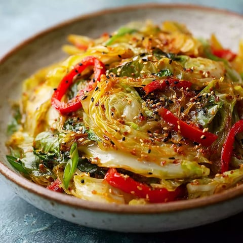 A bowl of food with red peppers and onions.