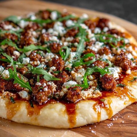 A pizza with feta cheese and sausage on top.