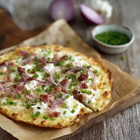 A low carb flammkuchen with quark, egg and cheese.