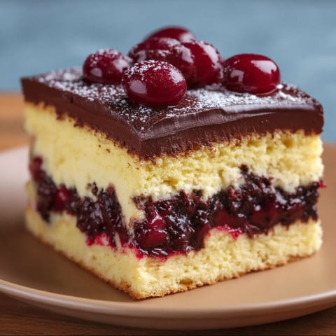 A slice of chocolate cake with cherries on top.