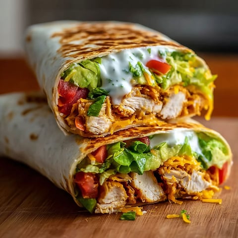 A chicken crunch wrap with lettuce, tomato, and avocado.