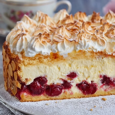 A slice of cake with white frosting and red berries.
