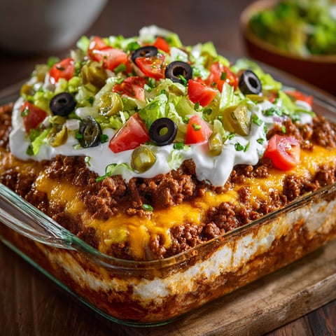 A dish of taco dip with lettuce, tomatoes, and olives.