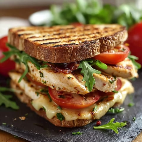 A grilled chicken sandwich with lettuce and tomato.