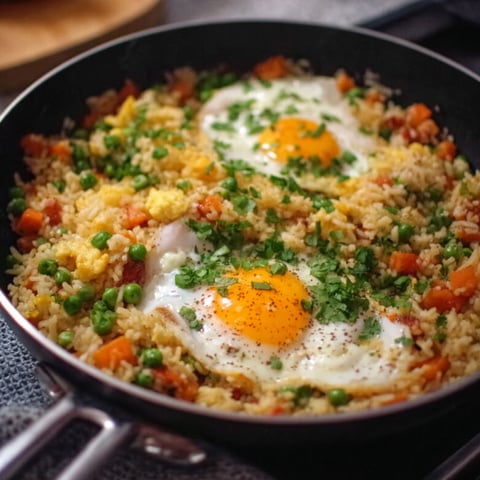 A pan of rice with eggs and vegetables.