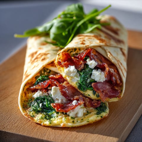 A wrap with bacon, spinach, and feta cheese.