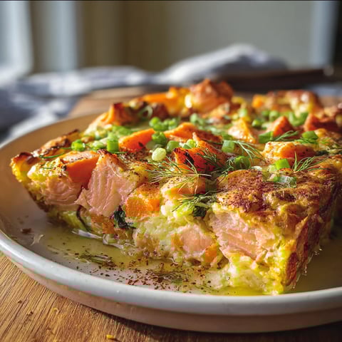 A plate of food with a slice of fish and vegetables.