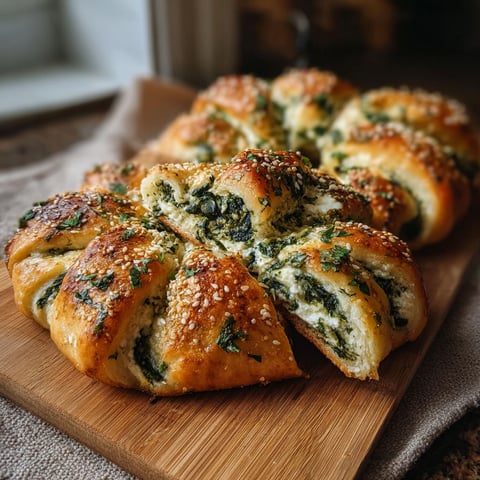 A wooden cutting board with a spinach and cheese bread.