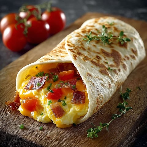 A breakfast wrap with eggs and cheese.