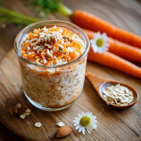 A glass of carrot cake oats with a spoon and carrots.