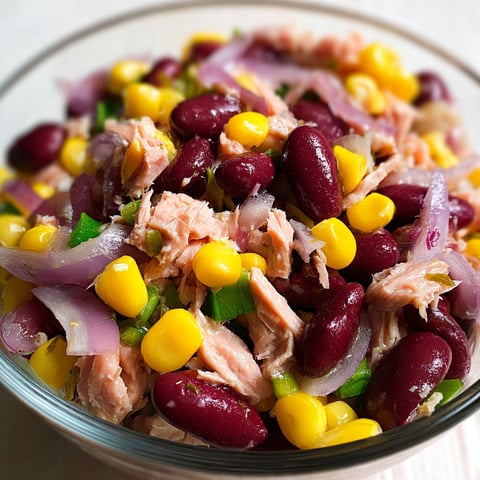A bowl of food containing beans, corn, and fish.