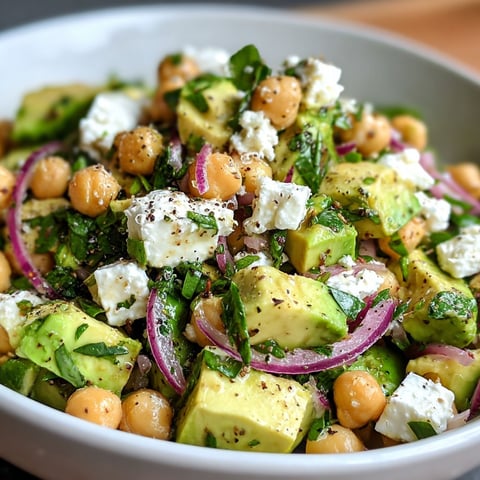 A bowl of food containing avocado, chickpeas, and feta cheese.